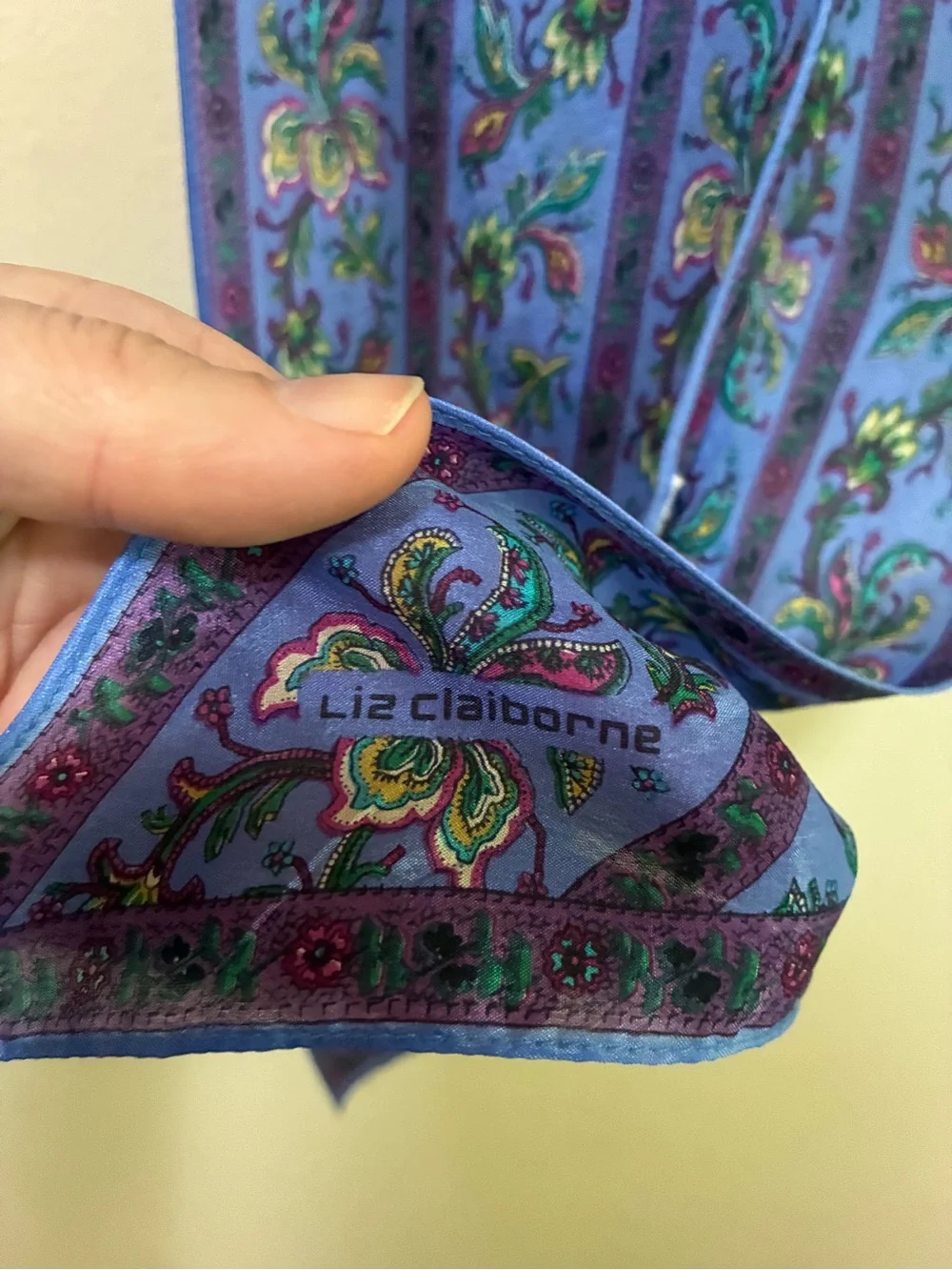 Liz Claiborne Blue Purple Paisley Silk Scarf with Green and Yellow Accents